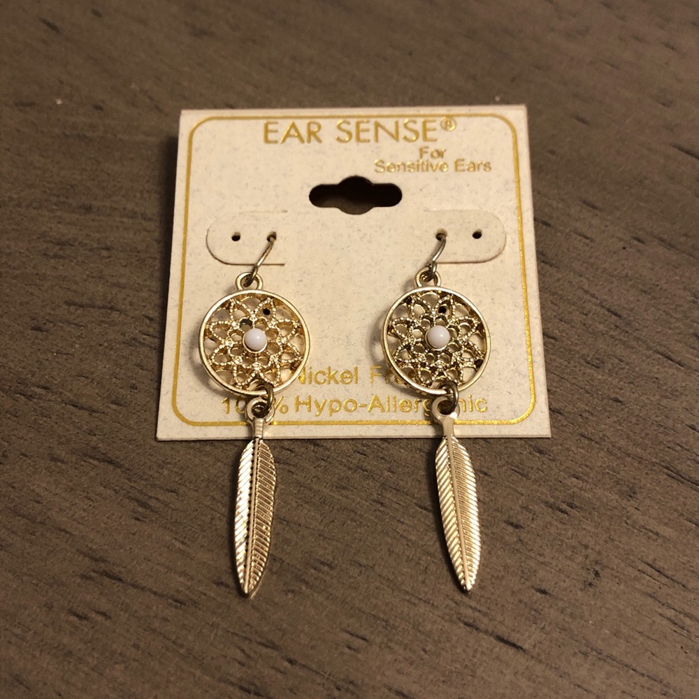 Gold Tone and White Dreamcatcher Design Dangle Earrings